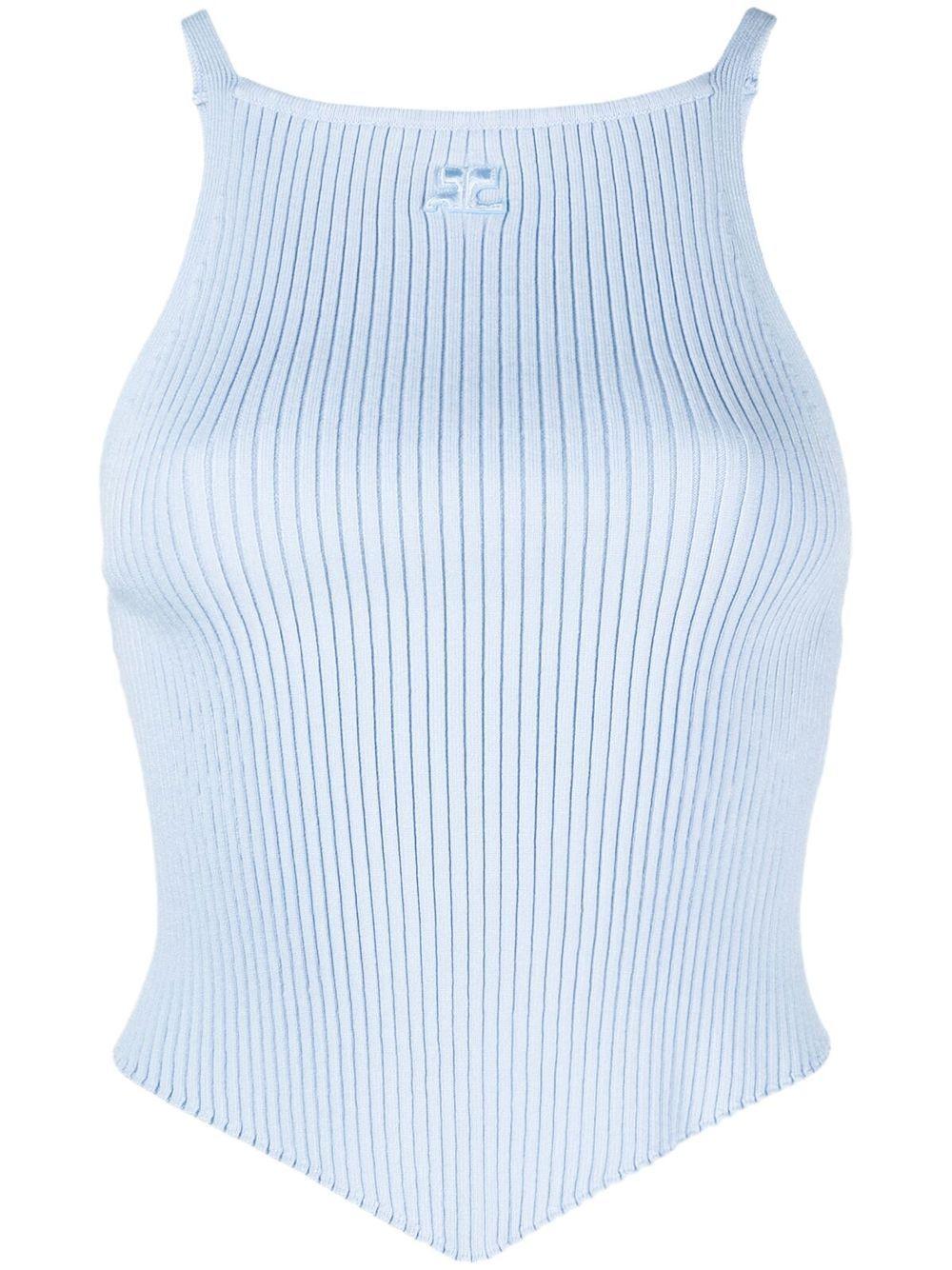 로고 자수 골지 니트 탑