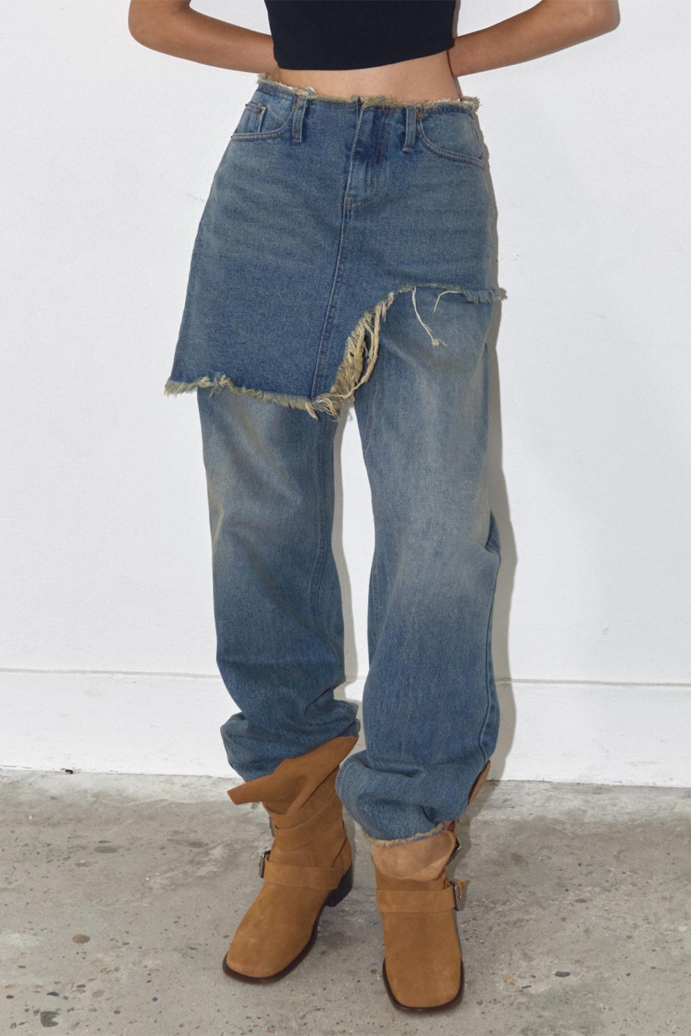 [폴리수엠] LAYERED SKIRT WITH FRAYED JEANS (DENIM BLUE)