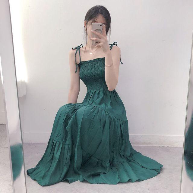 [3color] 하이디 스모크 밴딩 어깨리본 끈 나시 캉캉 맥시 롱 원피스_제니엘_2