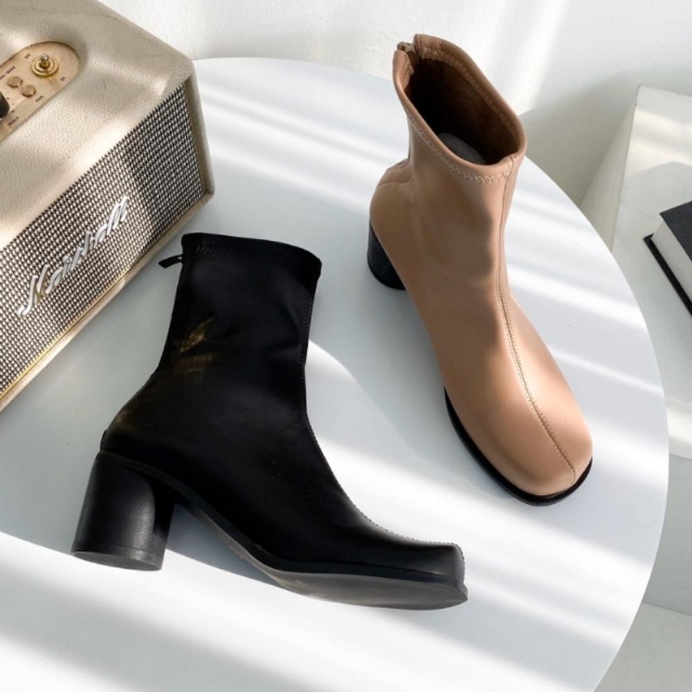 (Tidy Rose)6cm 라운드토 통굽 스판 백지퍼 여성 앵클부츠