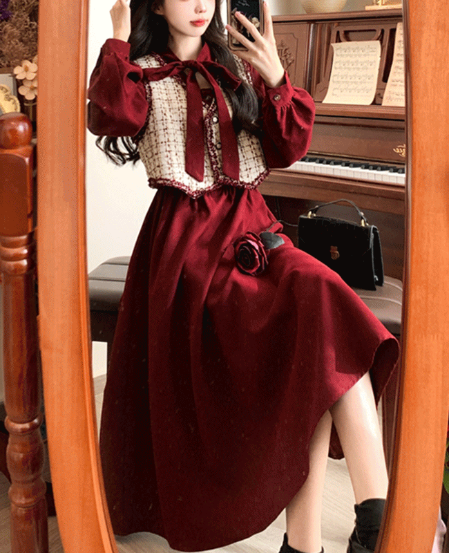 [~4XL/빅사이즈원피스]하객룩 결혼식 롱원피스 타이 리본 블라우스 트위드자켓 브이넥 조끼 뷔스티에 빅사이즈 투피스 코디세트 연말원피스