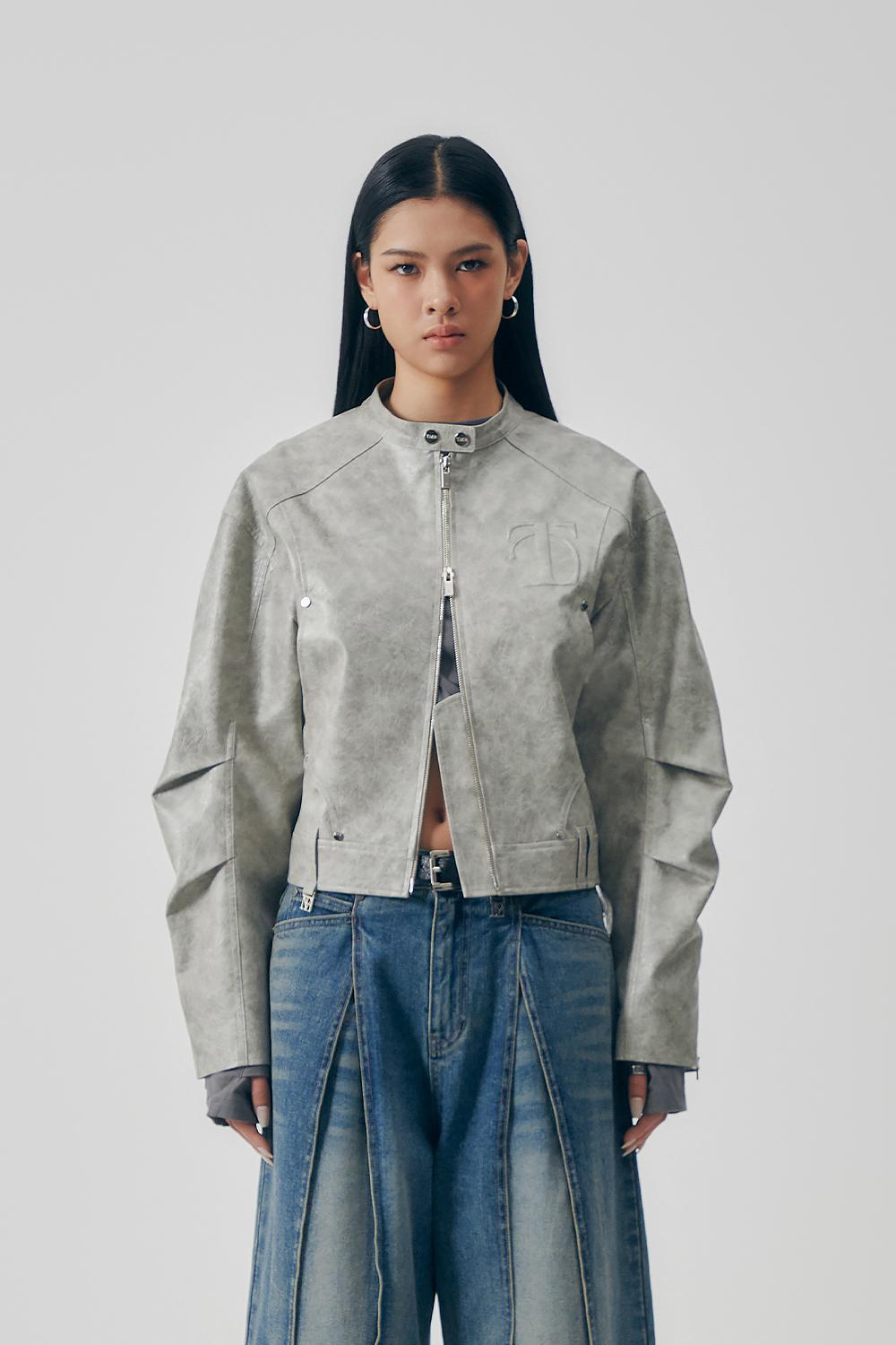 Moto Cropped Leather Jacket [ Light Gray ]