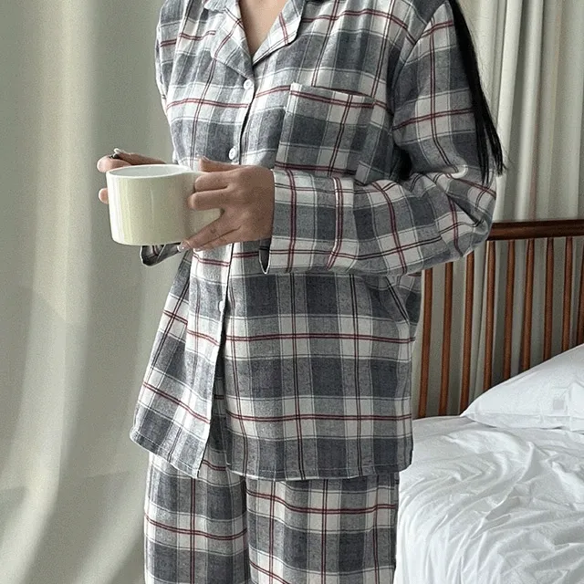 오늘출발 도톰한 체크 그레이 버튼 파자마 잠옷 투피스 세트