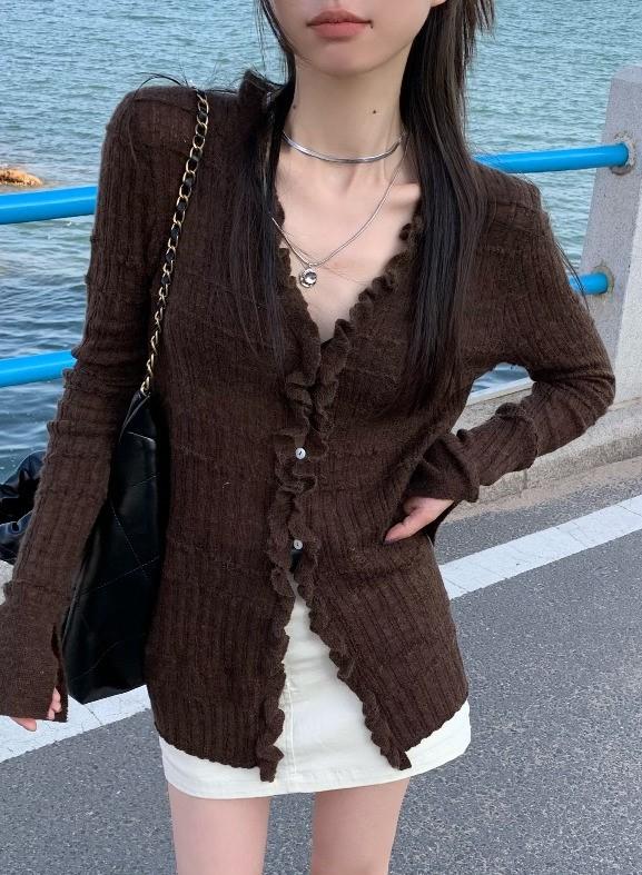 멜논 브라운 프릴 브이넥 버튼 여리 슬림핏 봄 여름 얇은 데일리 꾸안꾸 유니크 긴팔 롱 가디건 티셔츠