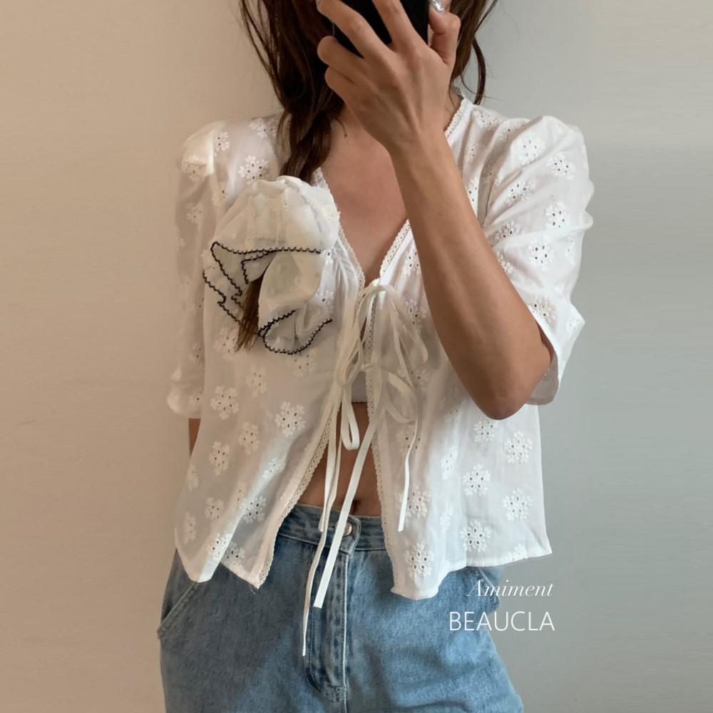 [주중재입고] 아미먼트 니스 블라우스 가디건 펀칭 자수 면 레이스 리본끈 5부소매