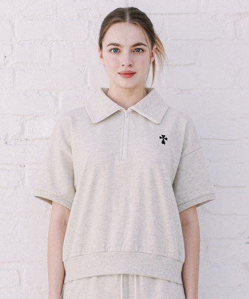 Woman Hank Logo Half Zipup T-SHIRT Oatmeal