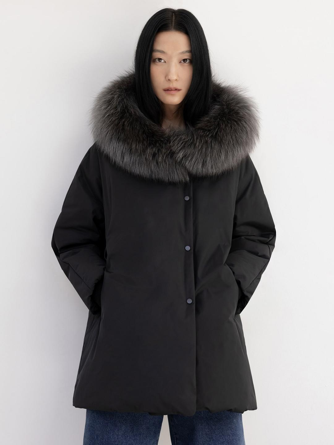 Fox Fur Triming Short Down Jumper - Black