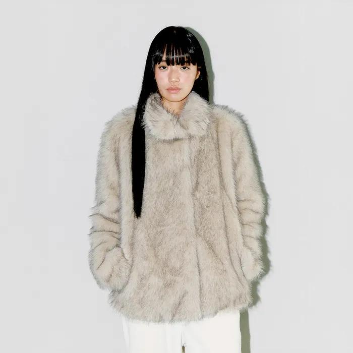 FLUFFY MIX FUR JACKET, LIGHT GRAY