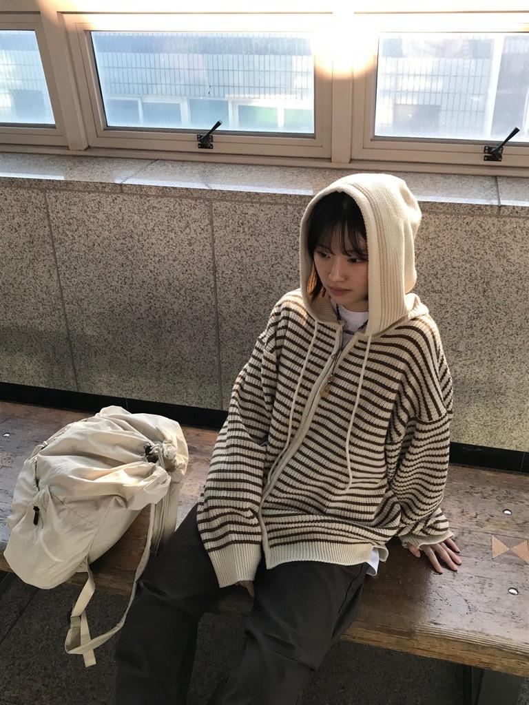 [unisex]오버핏 스트라이프 단가라 워머 니트 후드집업