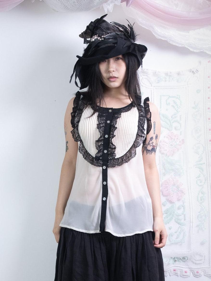 WHITE SHEER BLOUSE WITH BLACK LACE PANEL