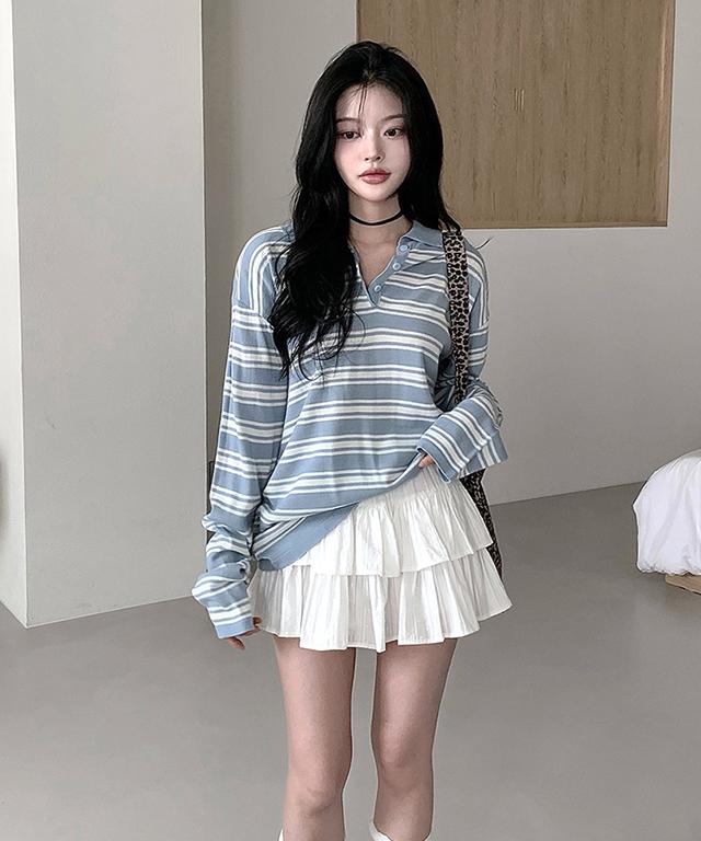 클래식블랑 [여리핏💗] 레트로 루즈핏 스트라이프 단가라 카라 니트 티셔츠 봄 가을 / 긴팔니트 오버핏 개강룩 클래식블랑
