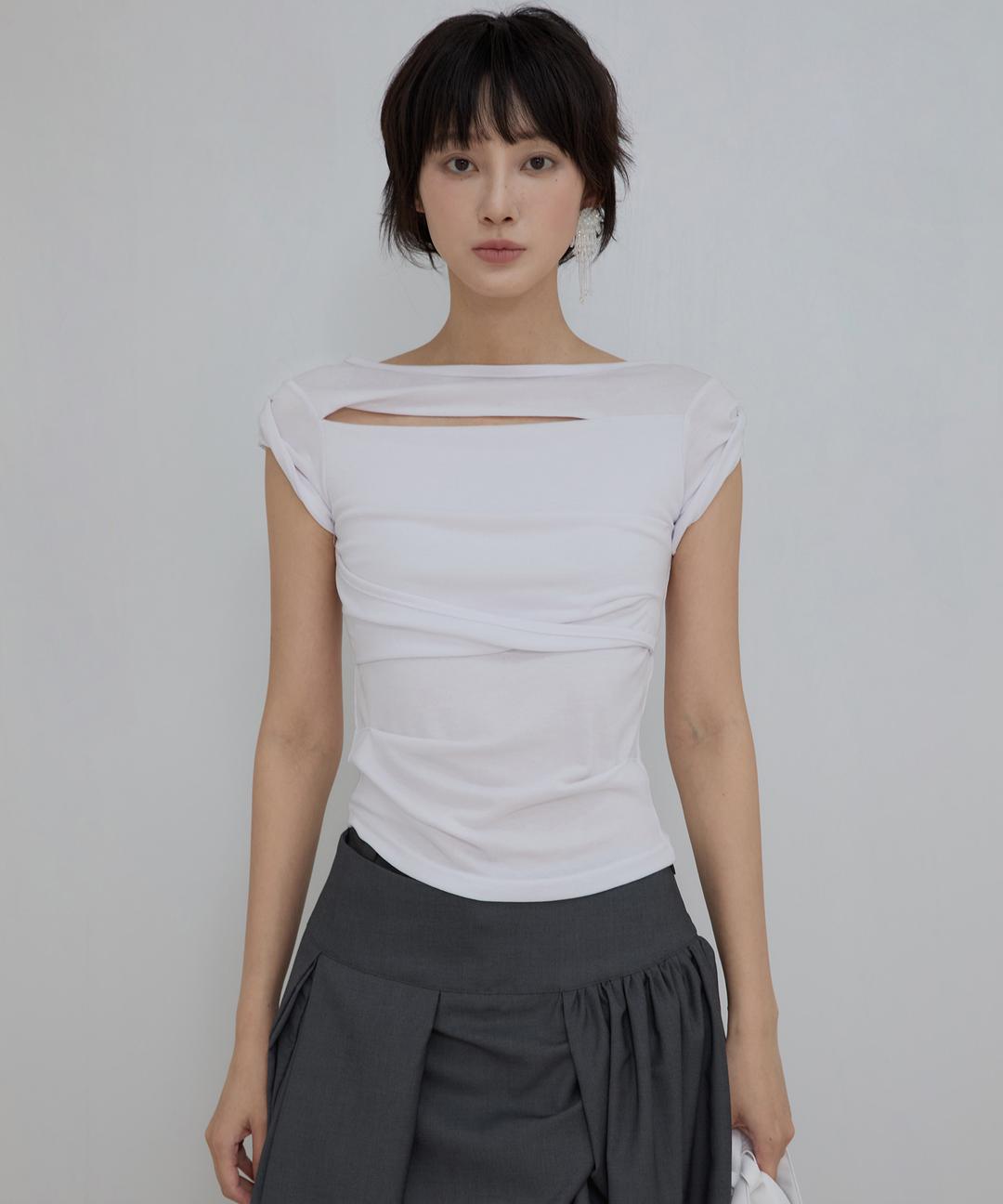 Asymmetrical Draped Roll-Up T-Shirt (FL-165_White)