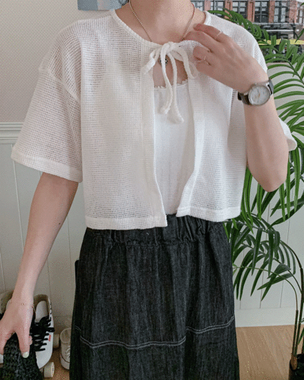 네트 리본 반팔 가디건