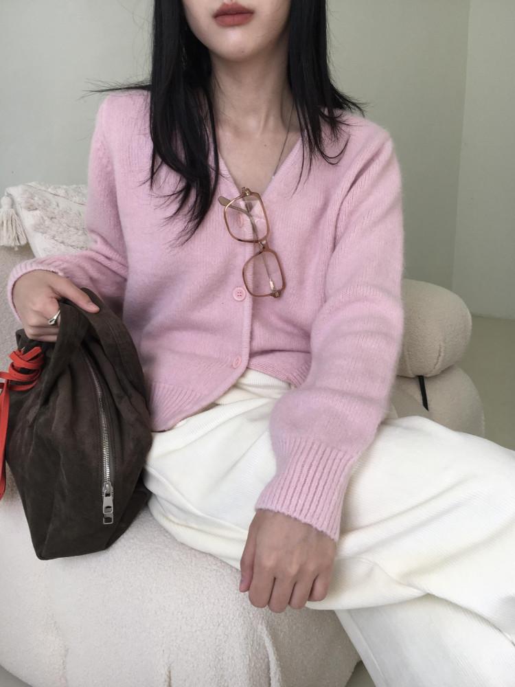 앙고라 브이넥 가디건 핑크