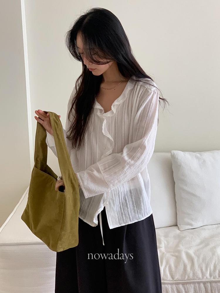 나우어데이즈 jinsim 진심 스웨이 블라우스 코튼 긴팔 프릴 레이스 러플 bl (3col)