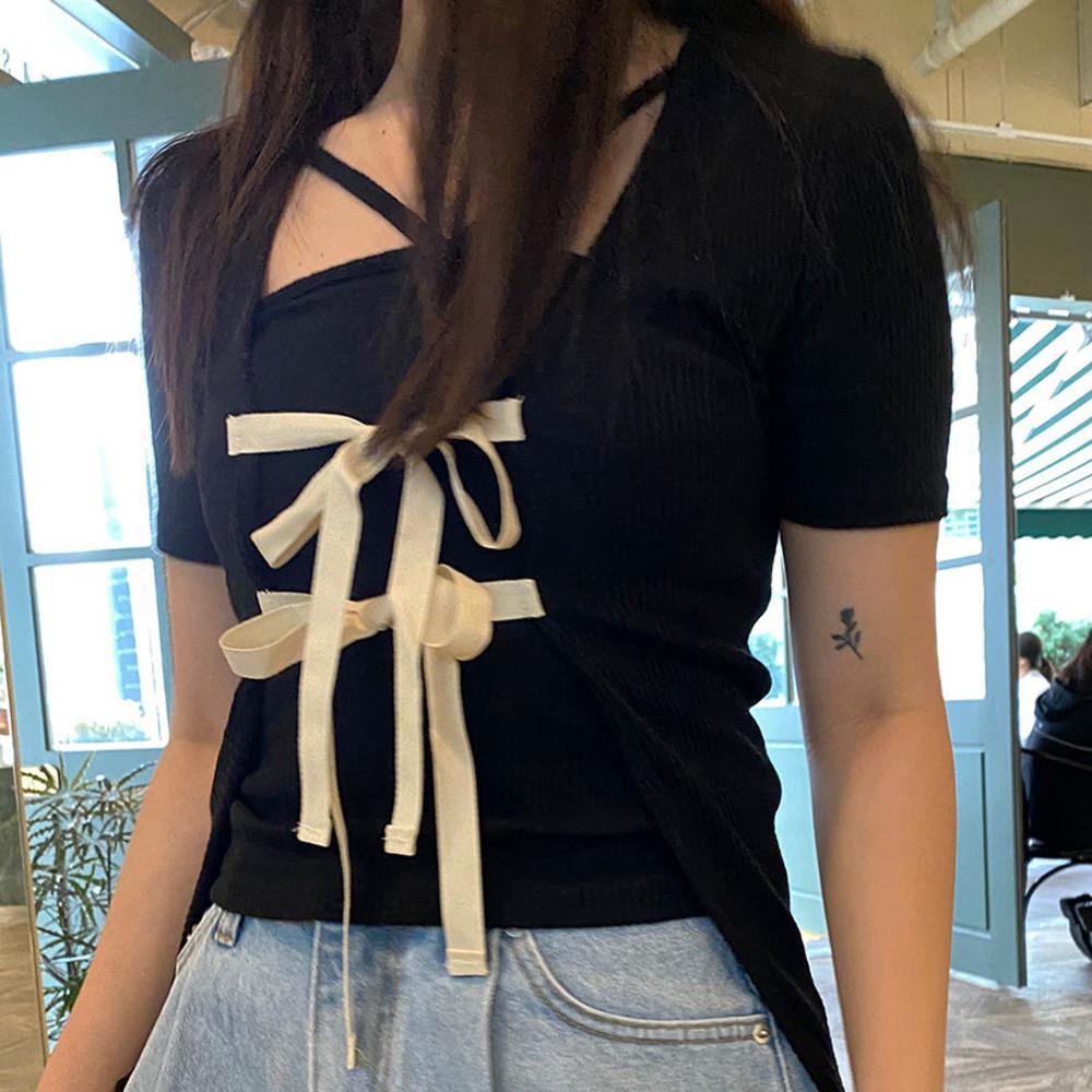 [쓰리하우스] 발레코어 리본 홀터넥 나시 가디건 세트 3color