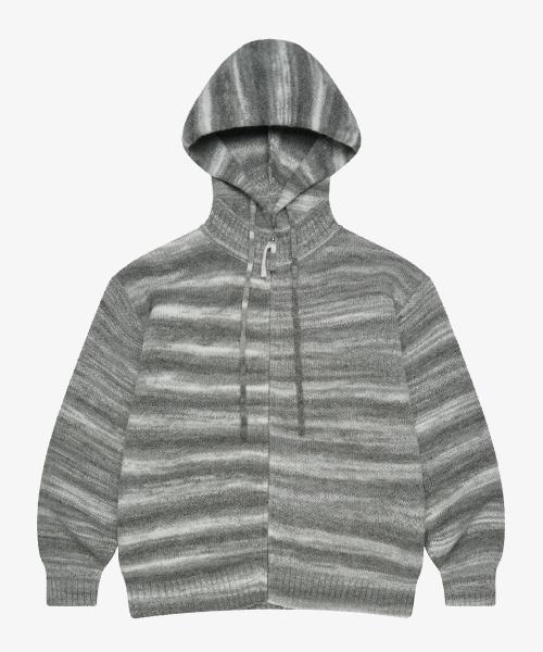 Wool stripe knit hood zip-up_Grey