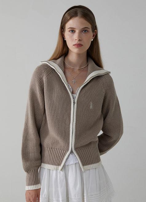 Open Zipped Cardigan_Ash Beige