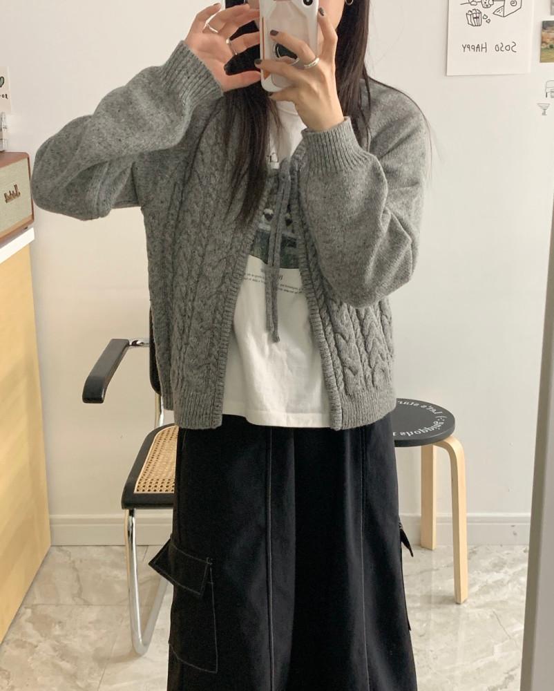 리본 가디건 콕콕 그레이 아이보리 끈 레이어드 꽈베기 부드러운 니트
