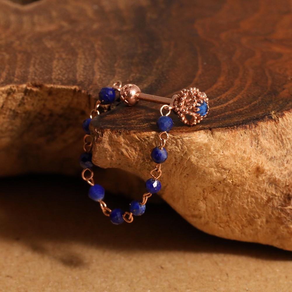 [무배/전체14k] 라피스 스톤 앞뒤 연결체인 피어싱 귀걸이