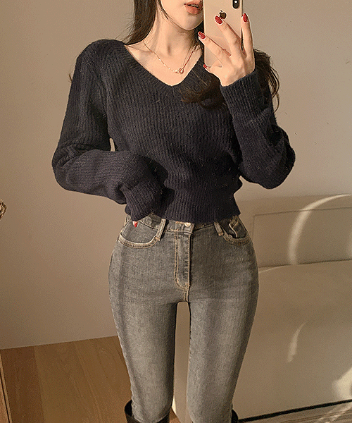 디프 브이넥 하찌 크롭 니트 (네이비/그린/그레이/아이보리)