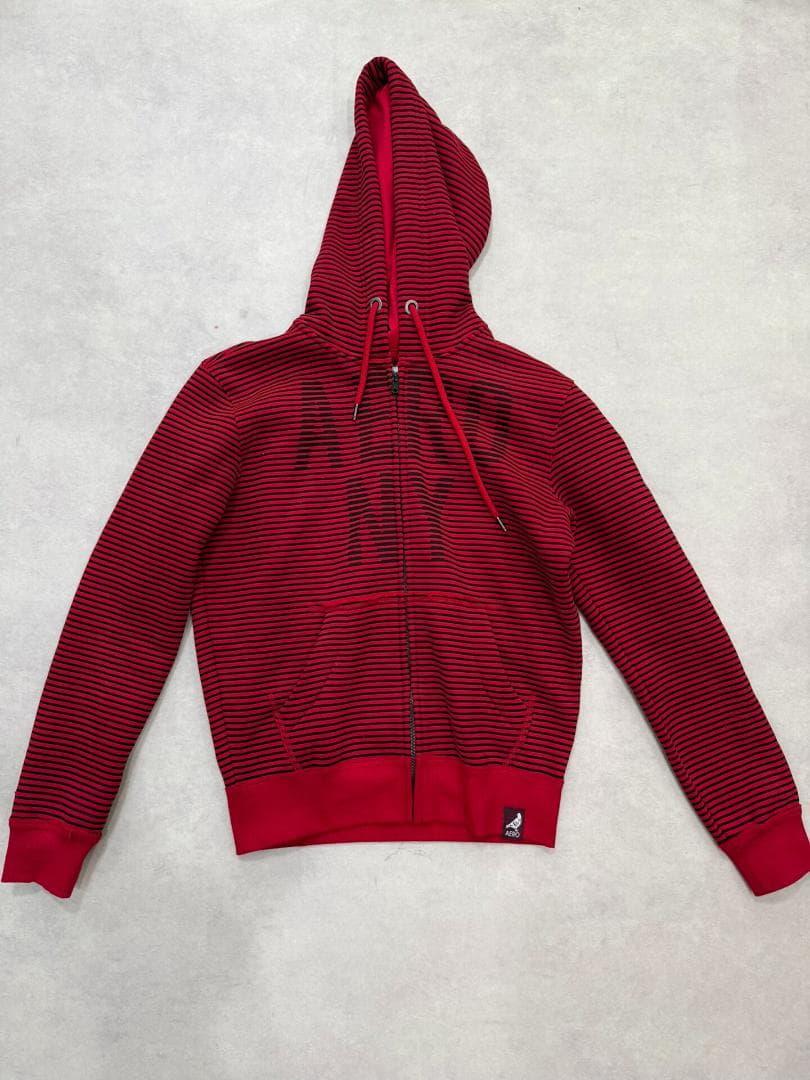 Aerony vintageg 赤と黒のストライプ フルジッパーパーカー