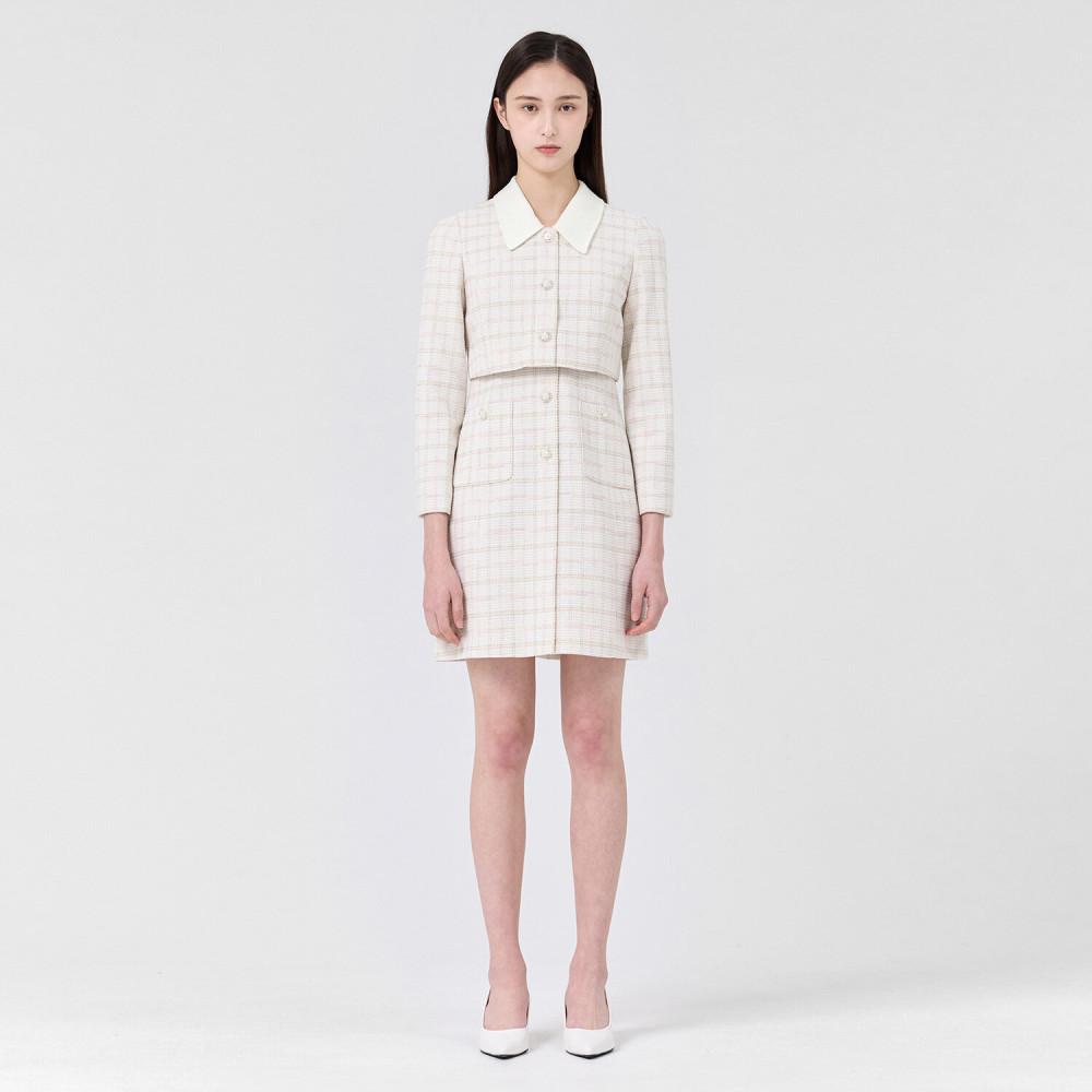 [라인어디션]배색 카라 체크 트위드 원피스 NWOPML0700