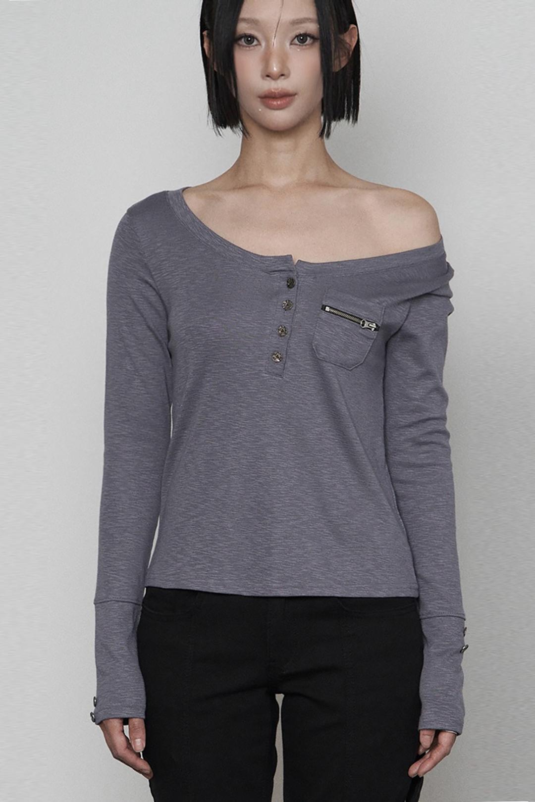 Henley neck Button Pocket Long sleeve (DARK BLUE)