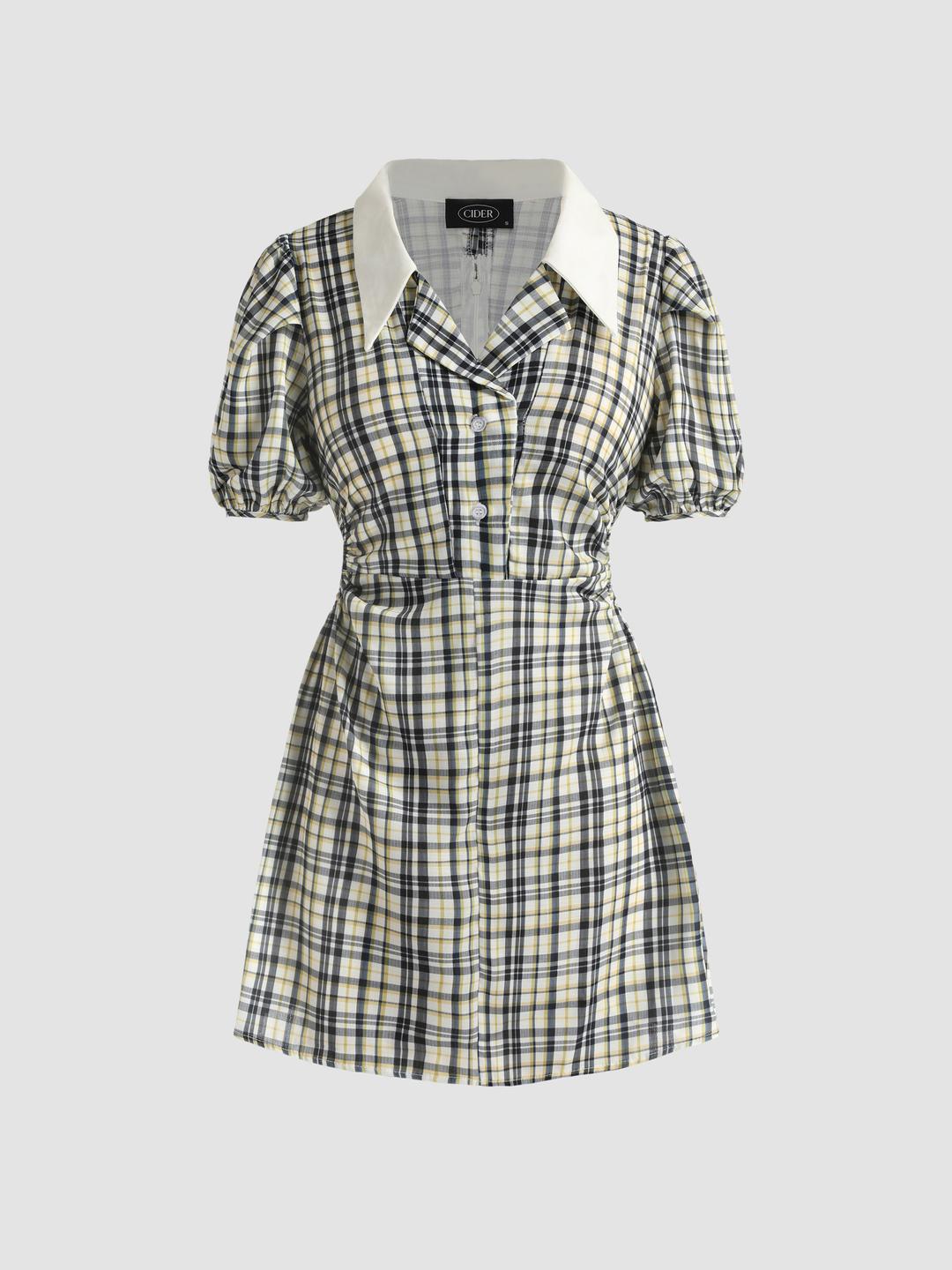 Plaid Puff Sleeve Mini Dress