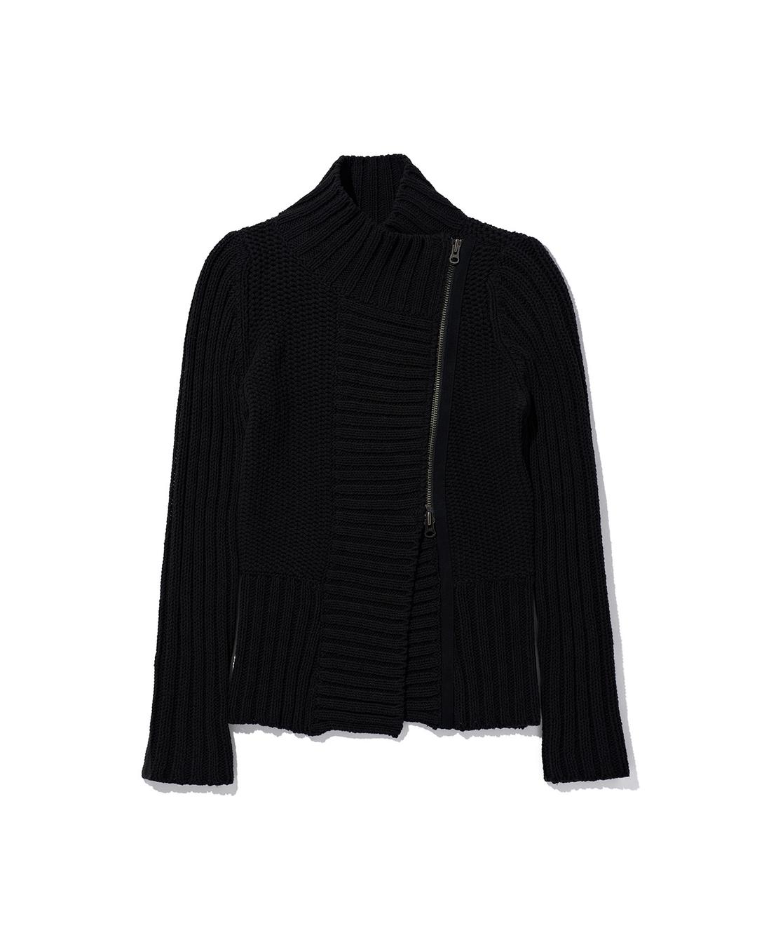 RIBBED COLLAR ZIP SWEATER_BLACK