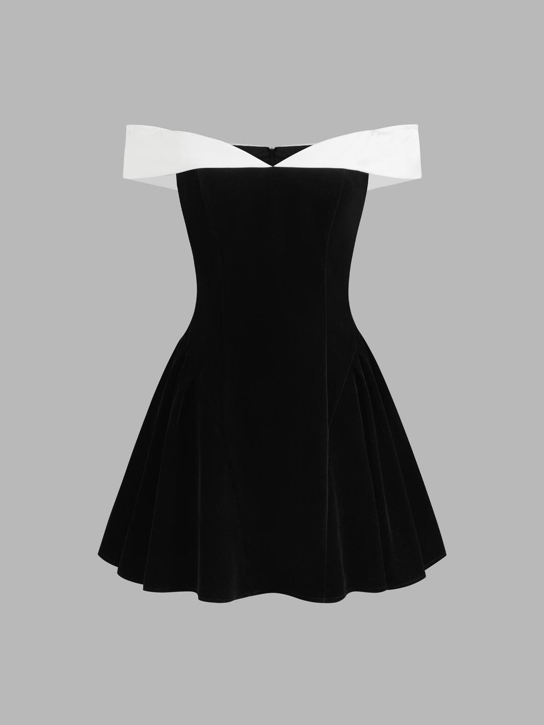 Velvet Off-shoulder Contrasting Binding Ruffle Mini Dress