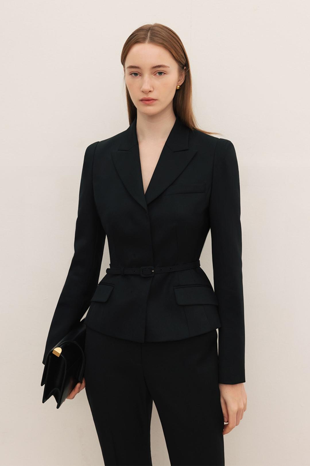 KATE Single breasted belted tailored blazer (Black)