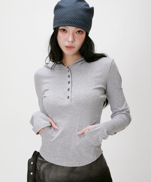 핑거홀 후드 헨리넥 슬림 티셔츠_그레이