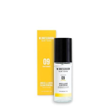 W.Dressroom No.09 Gogo Mango Living 투명 향수, 바디 미스트 및 패브릭 스프레이 탈취제, 알코올 프리 수성, 의류, 침구 및 방을 위한 냄새 중화제, 여행용 사이즈 66.9g(2.3온스)