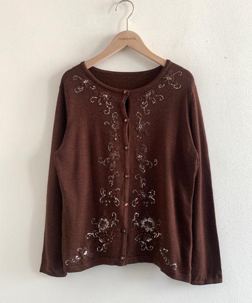 (Vintage)Flower Beads Brown Cardigan