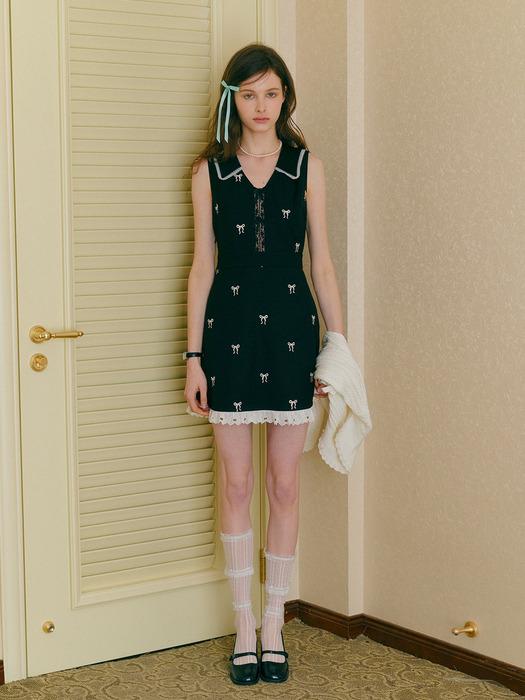 Cest_Embroidery lapel sleeveless dress