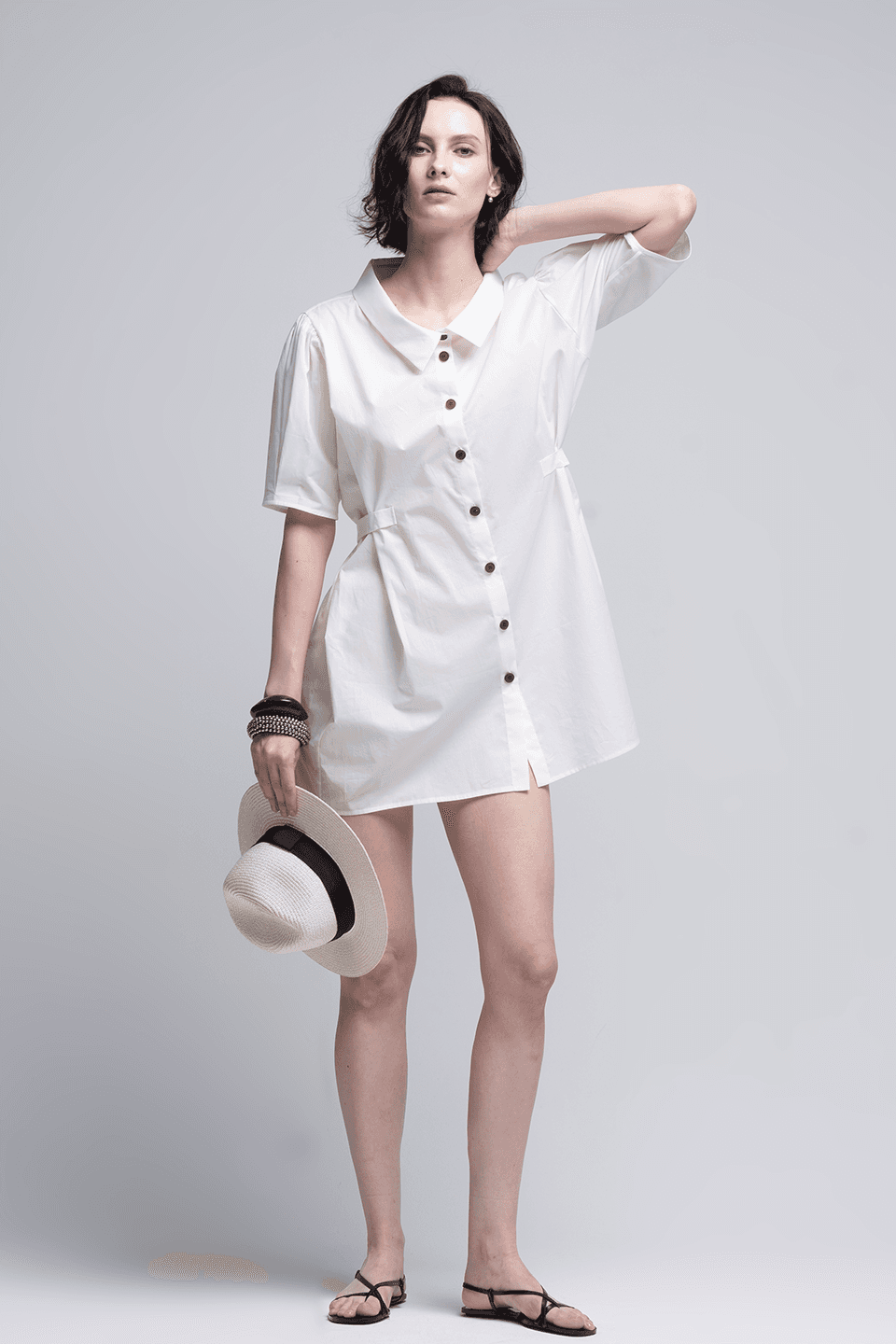 Boat neck pleats short sleeve dress - white