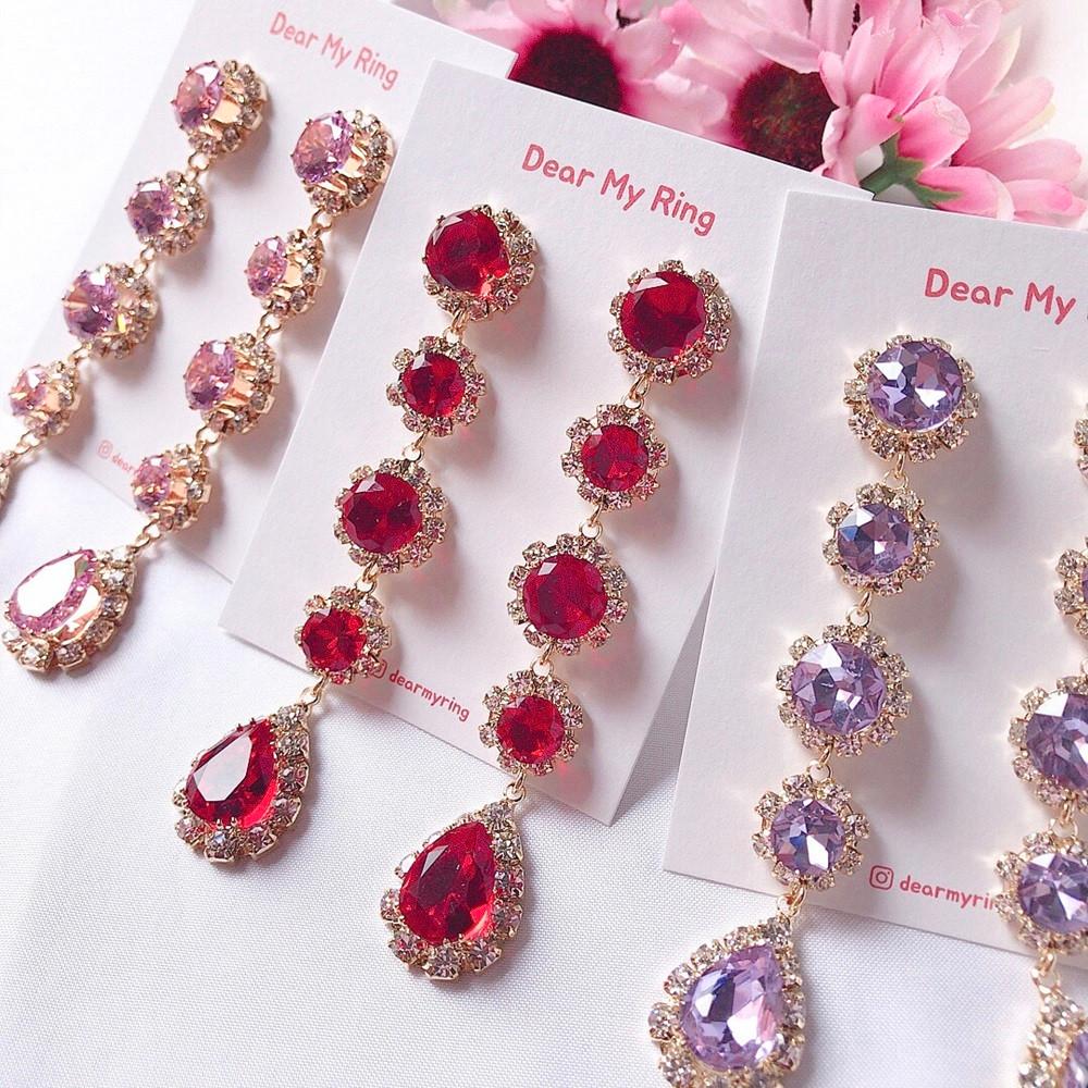 라푼젤 볼드 큐빅 롱 드롭귀걸이 골드베이스 핑크 퍼플 레드