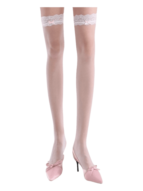 Ribbon Lace Thigh High Socks (Pink)
