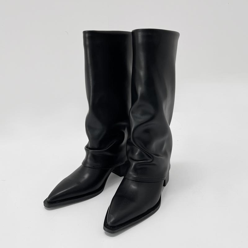 리벳 폴딩 레더 롱부츠