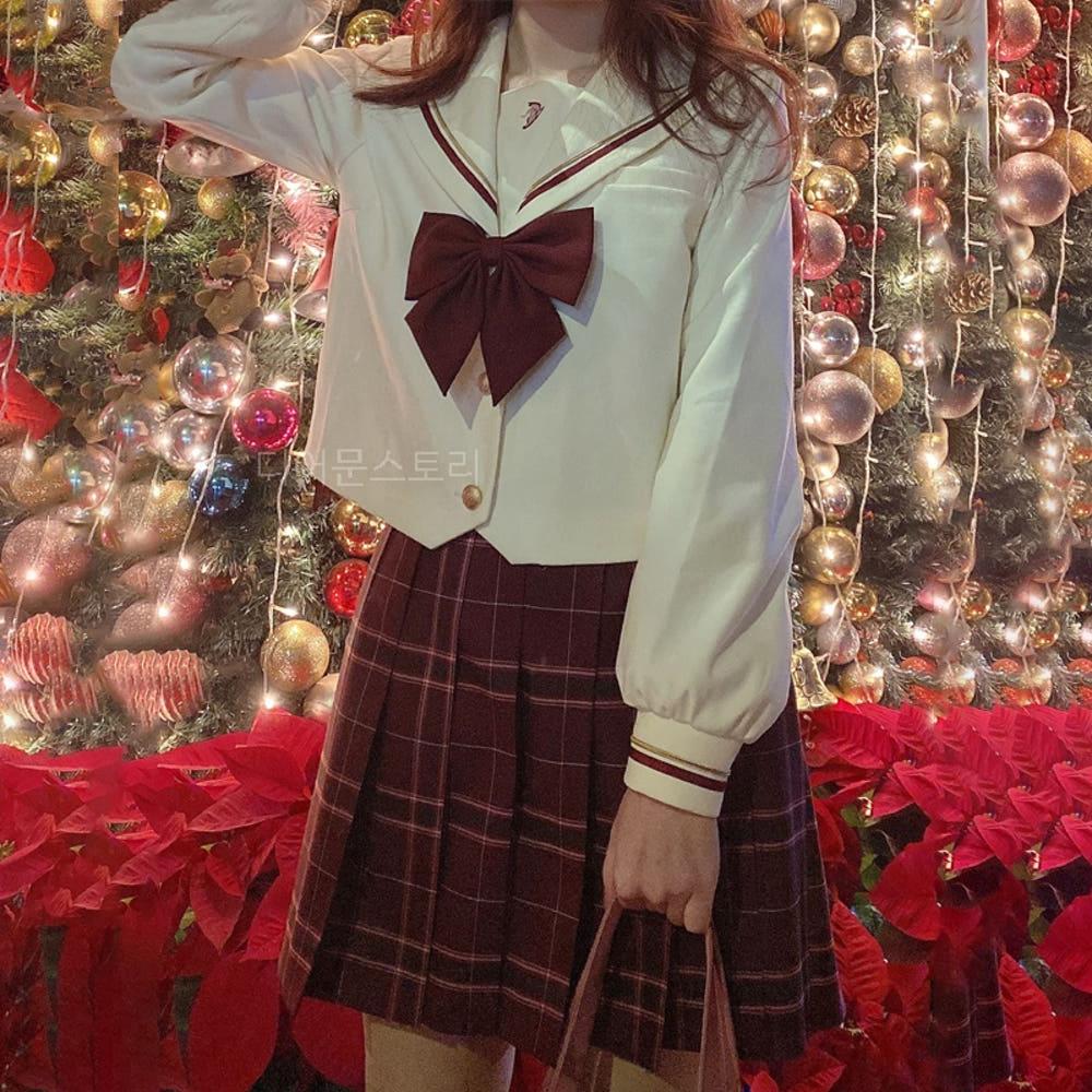 세라복 일본교복 레드리본 체크치마 골드단추 세일러복 코스프레