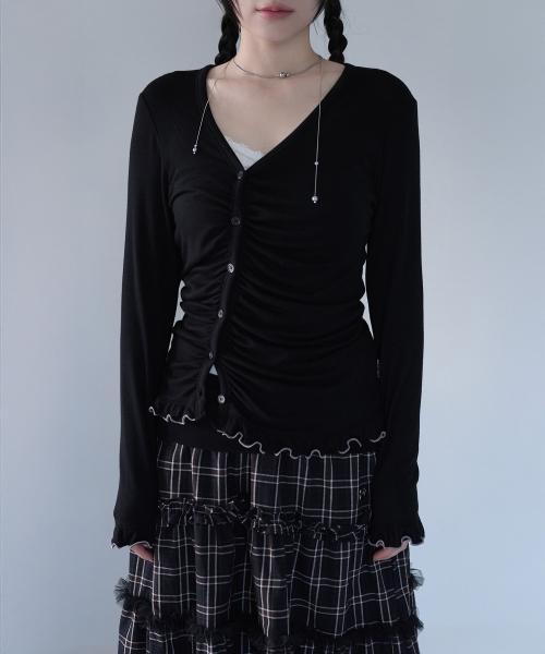 ASYMMETRIC SHIRRING LACE CARDIGAN BLACK