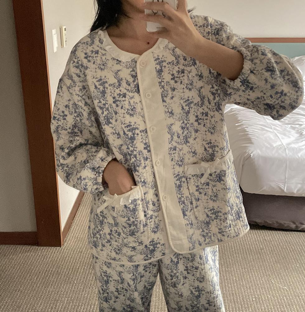 소브니 누빔 겨울 수면 잠옷 세트 투피스 바지 파자마 : 보티에