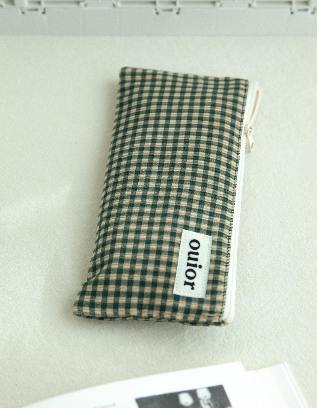 ouior flat pencil case - corduroy green check (topside zipper)