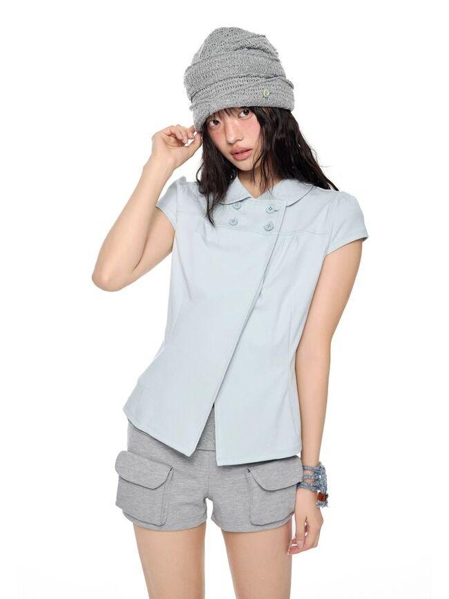 [EZEK] Peter Pan Collar Wrap Front Blouse