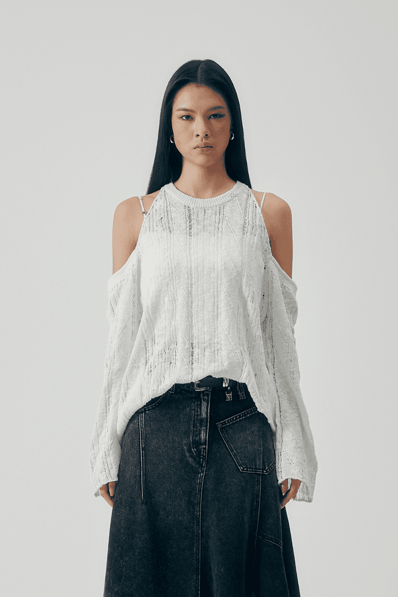 Off-Shoulder Cable Knit [ White ]