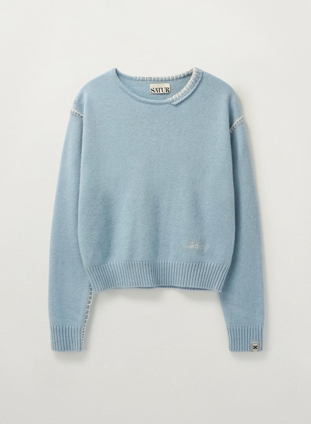 (W) Contrast Stitch Semi Crop Knit - Ice Blue