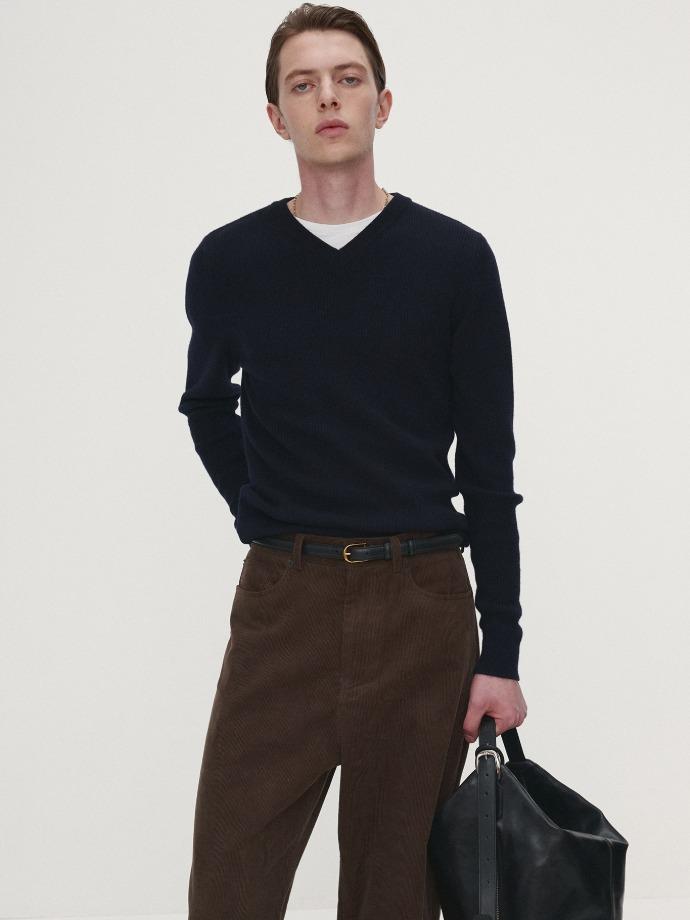 SUPER FINE WOOL RIBBED V-NECK SWEATER_ NAVY