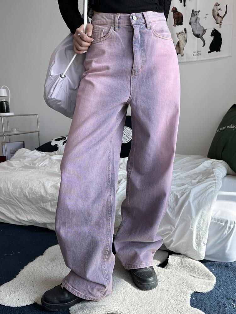 [6size!]오로라 핑크 퍼플 데님 팬츠