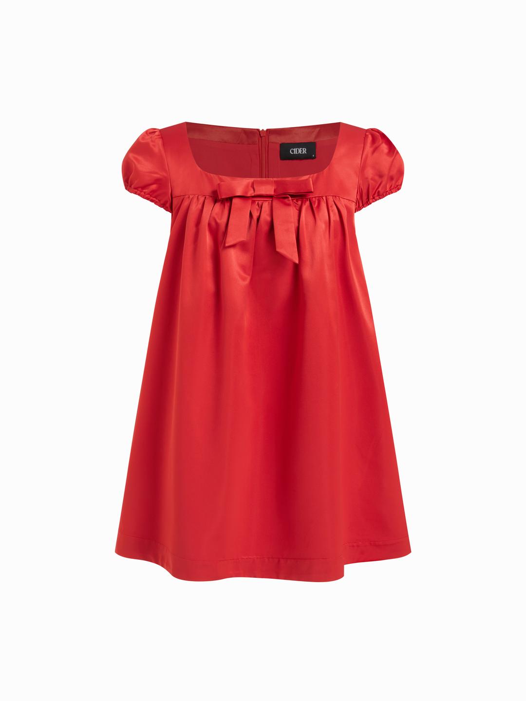 Square Neck Bowknot Ruffled Puff Sleeve Oversized Babydoll Mini Dress